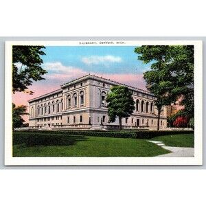 Vintage Detroit Michigan Public Library Linen Postcard Woodward Ave 1930s-40s